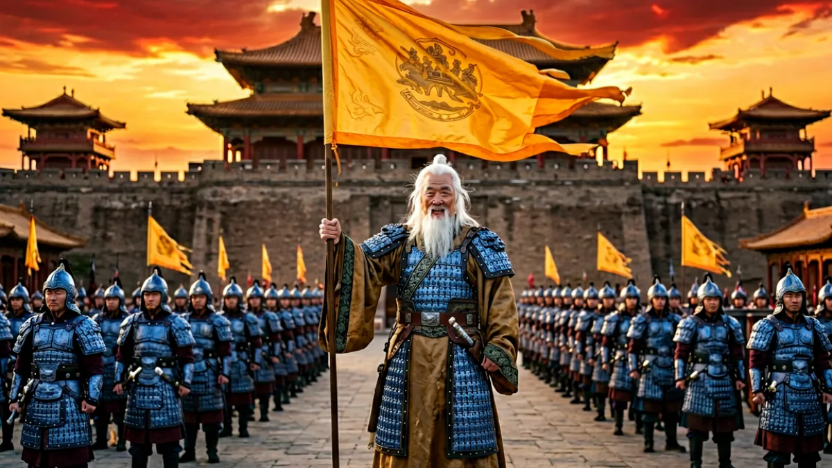 电影《封神第一部》剧照：姜子牙持杖立于殷商大殿前，身后旌旗猎猎，画面呈现浓烈的东方神话史诗感