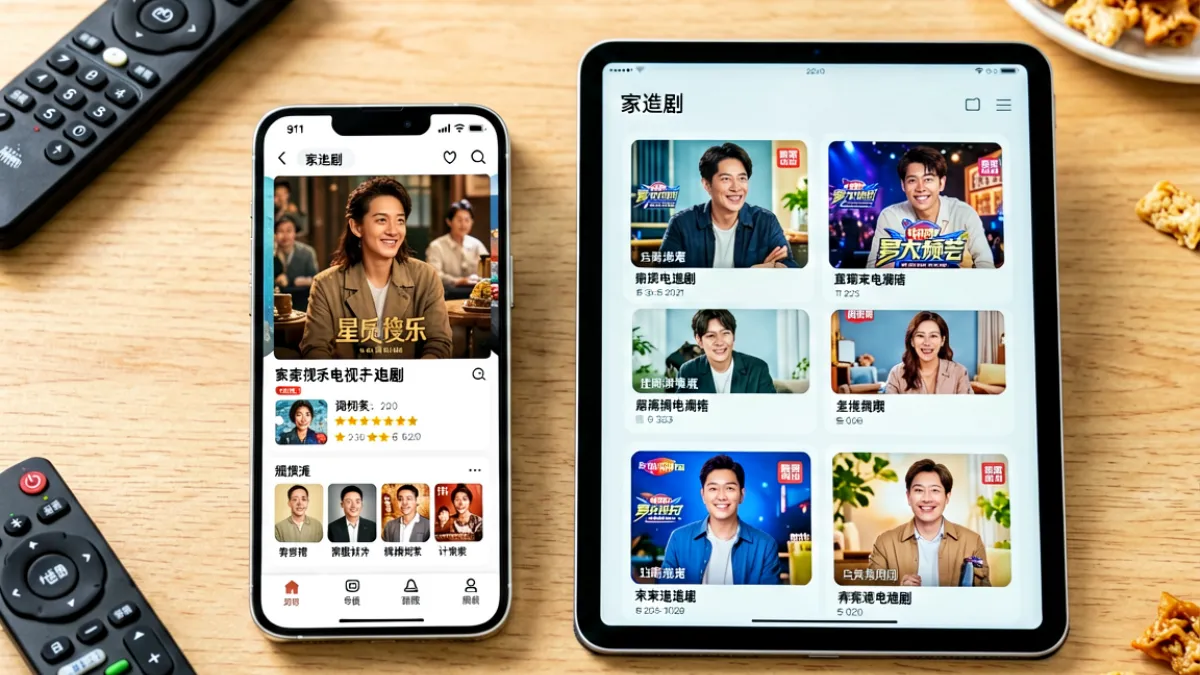 手机和平板并排显示不同国产视频平台界面，屏幕上分别呈现剧集详情页和综艺分类页